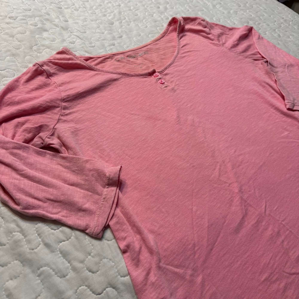 Calvin Klein Jeans Henley Top Womens XS Pink High Low Slub Knit 3/4 Sleeve